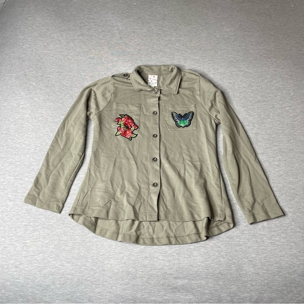 Belle Du Jour Girl's Butterfly and Rose Embroided Long Sleeve Button-Down Top